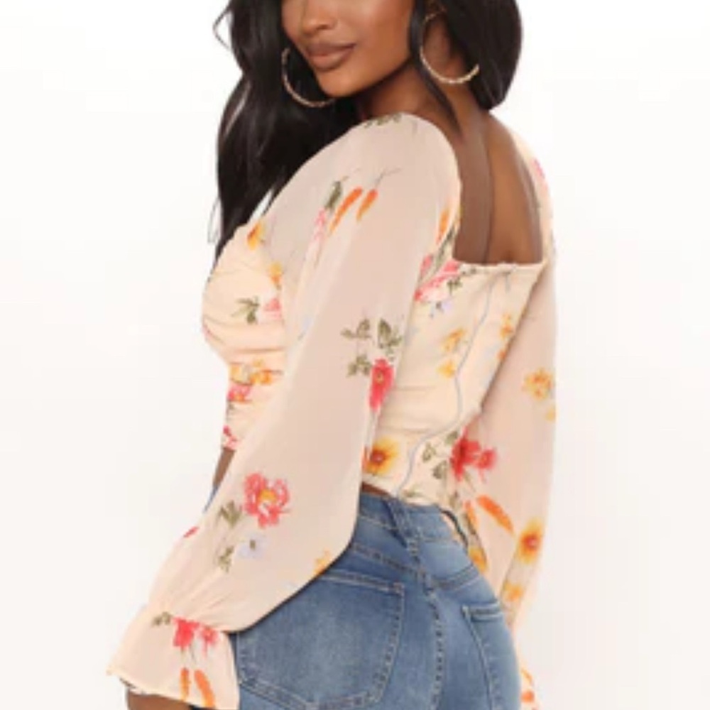 Red and Cream Crop Blouse with Puff Sleeves‎ and Ruffled Details